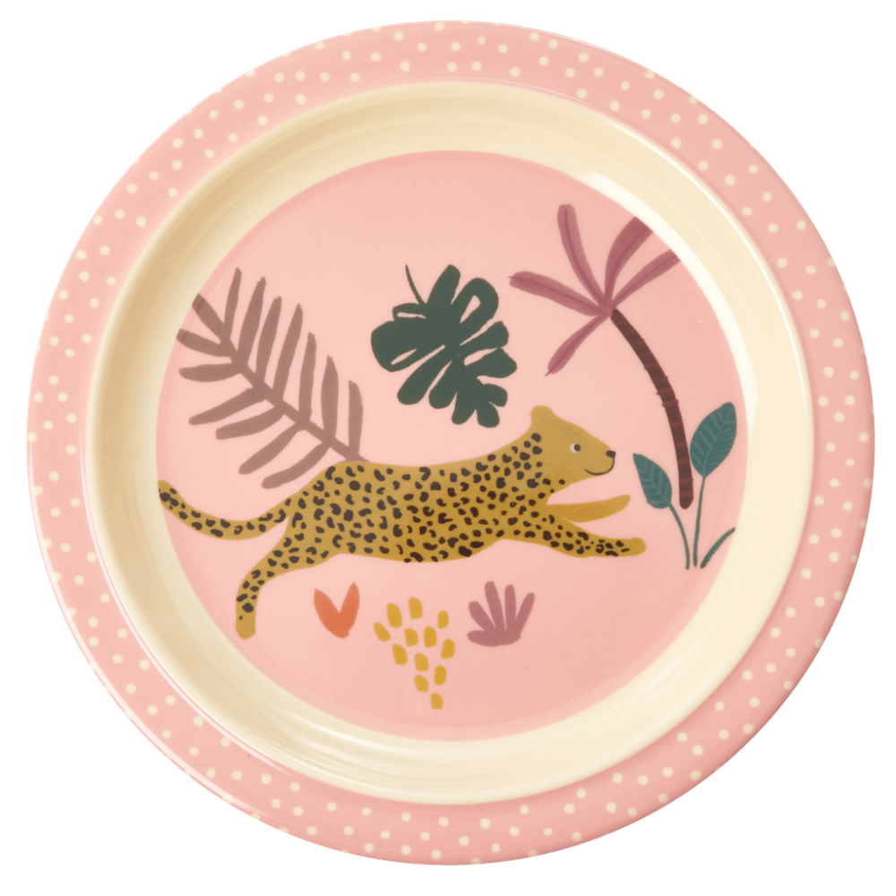 Jungle Animal Print Kids Melamine Plate Leopard Pink Background Rice DK